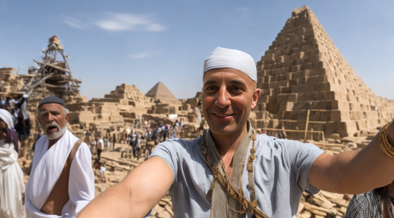 Una imagen generada por IA de un viajero del tiempo ficticio llamado Stelfie durante la construcción de las pirámides.