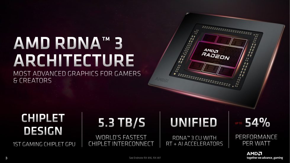 AMD's chiplet design is visible in this shot—a large center die with most of the compute resources, and six smaller dies containing cache and the memory controllers.