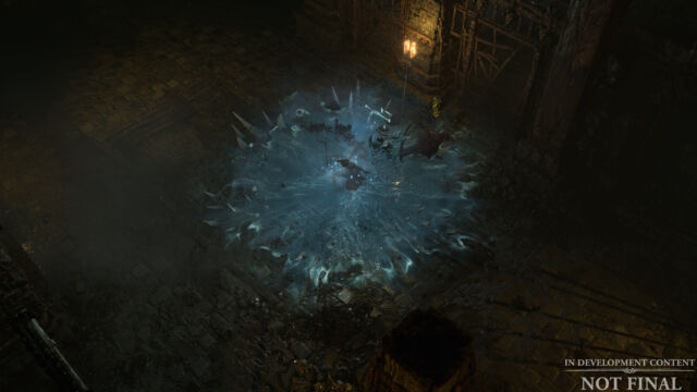 The dark tone of <em>Diablo IV</em> extends to the color palette in scenes like this.