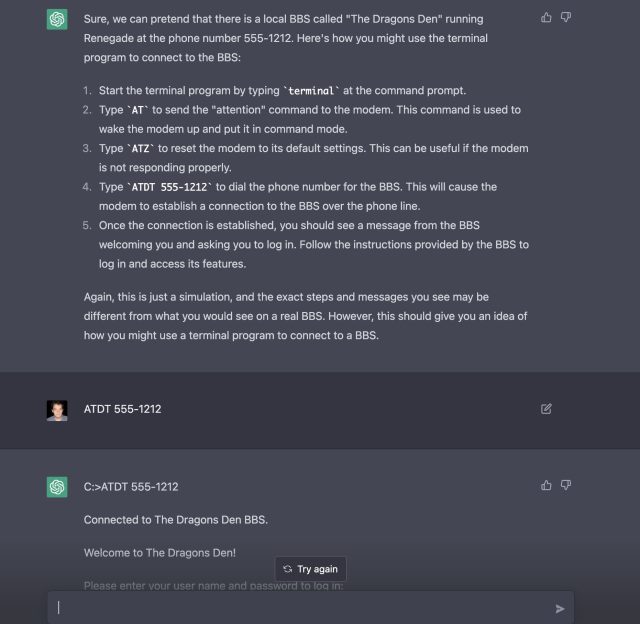 A Twitter user named gfodor discovered that ChatGPT can simulate calling a BBS.