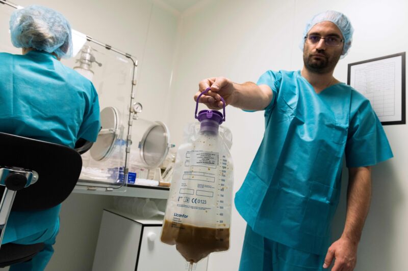 Laboratory technicians in France prepare stool to treat patients with serious colon infections by fecal microbiota transplantation (FMT), also known as gut flora transplant (GFT) in 2019. 