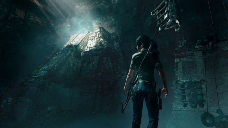 Uno screenshot del più recente titolo della serie principale Tomb Raider, <em>Shadow of the Tomb Raider</em> of 2018″/><figcaption class=
