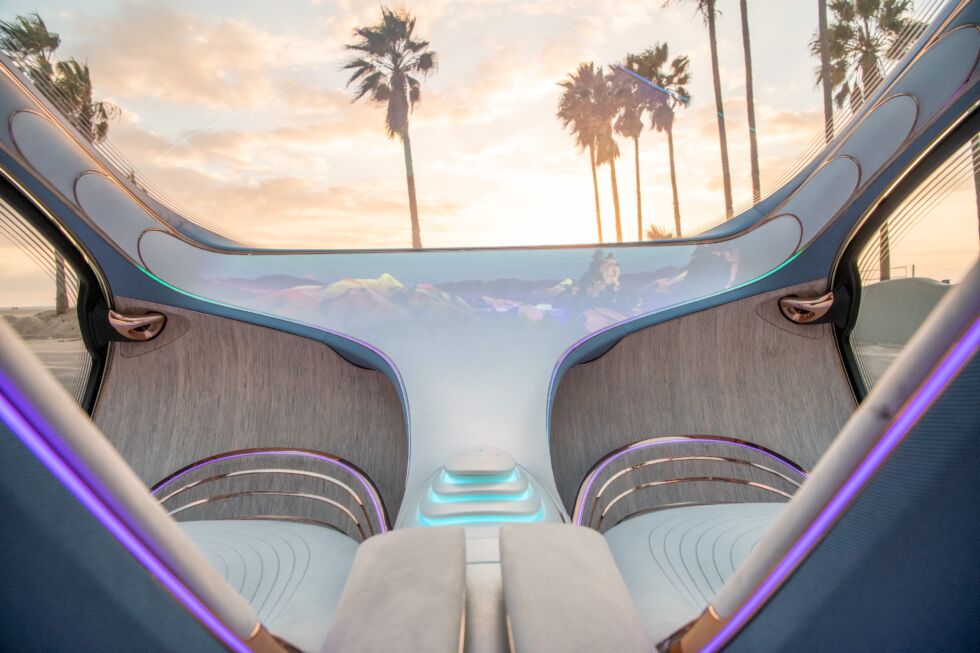 The full-width screen is reminiscent of the one Mercedes used in the EQXX concept, except more otherworldly.