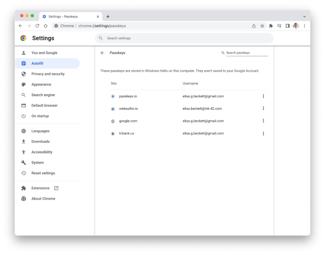 The Chrome passkey screen looks just like the normal password manager, but without the text boxes. 