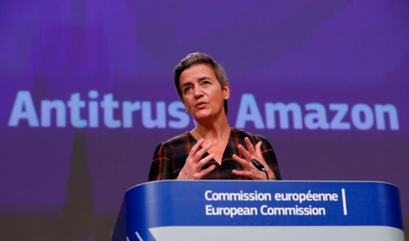 European Commission Executive Vice President Margrethe Vestager gives a press conference on Amazon's antitrust case in November.