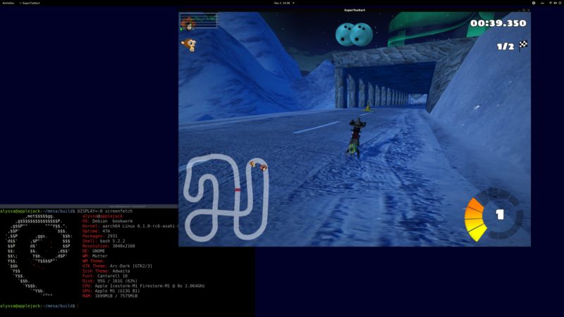 SuperTuxKart running on an Asahi Linux system, with Debian logo in terminal