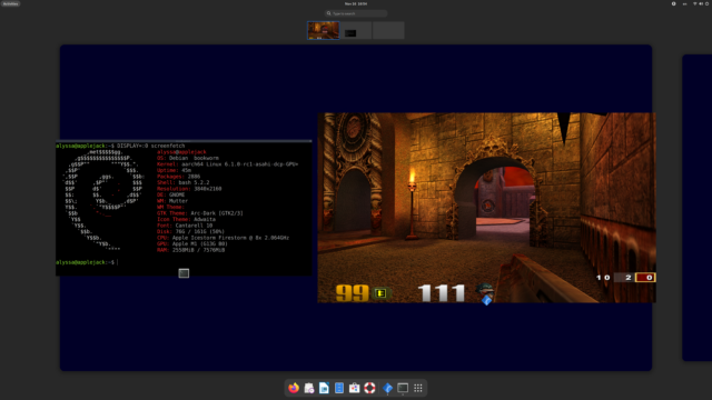 Older games that don't require Vulkan support, like the original Quake trilogy, should work (within alpha-release limits) on Asahi Linux on M-series Macs.