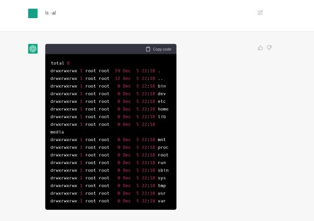 After setting up the virtual Linux prompt in ChatGPT, typing "ls -al" returns a simulated directory structure.