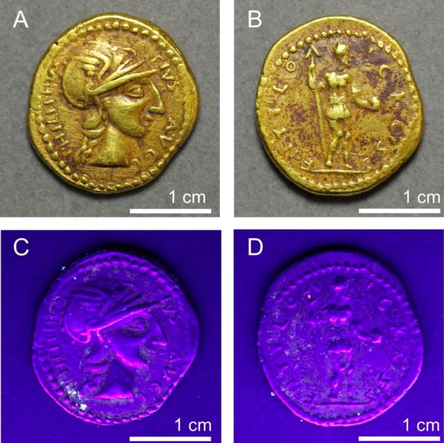 One of the Sponsian coins shown in both visible and UV light.