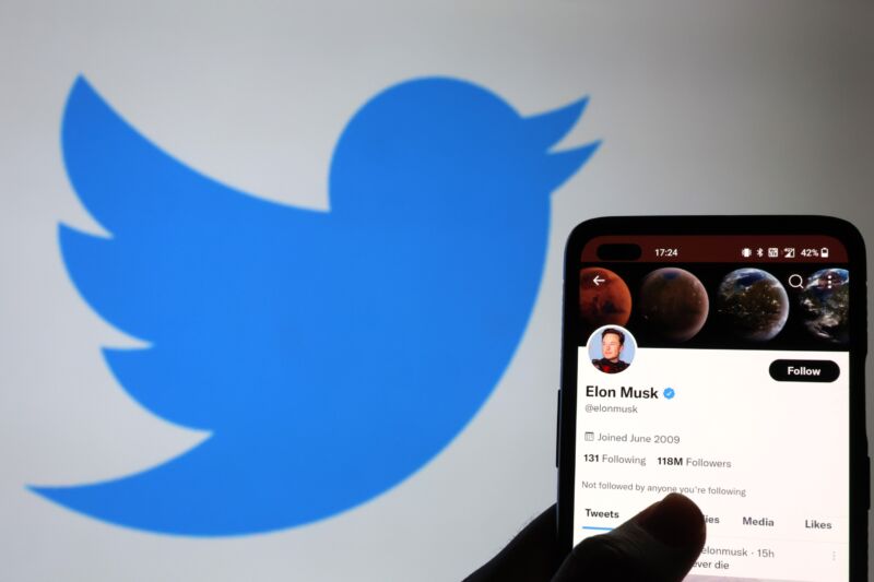 A Twitter logo appears next to a smartphone displaying Elon Musk's Twitter profile.