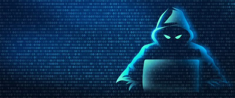 Hacker en fondo digital de código binario.  Ciberdelincuencia y piratería de la privacidad en Internet.  Concepto de seguridad de red, ataque cibernético, virus informático, ransomware y malware.  Representación 2D.