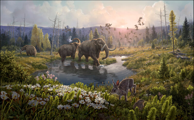 Graphic representation of an ecosystem with sparse, small trees, a hare, deer and mastodons.