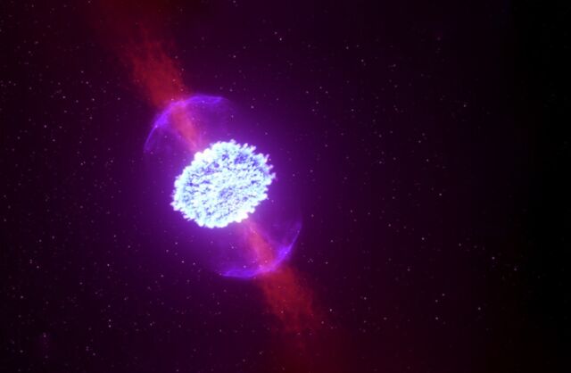 Lorsque les étoiles à neutrons fusionnent, elles peuvent produire des éjections radioactives qui alimentent un signal kilonova.  Un sursaut gamma récemment observé s'est avéré indiquer un événement hybride non détecté auparavant impliquant une kilonova.