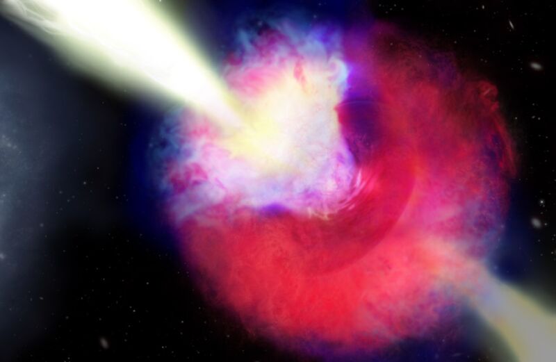 Vue d'artiste de GRB 211211A.  Explosion de Kilonova et rayon gamma à droite.