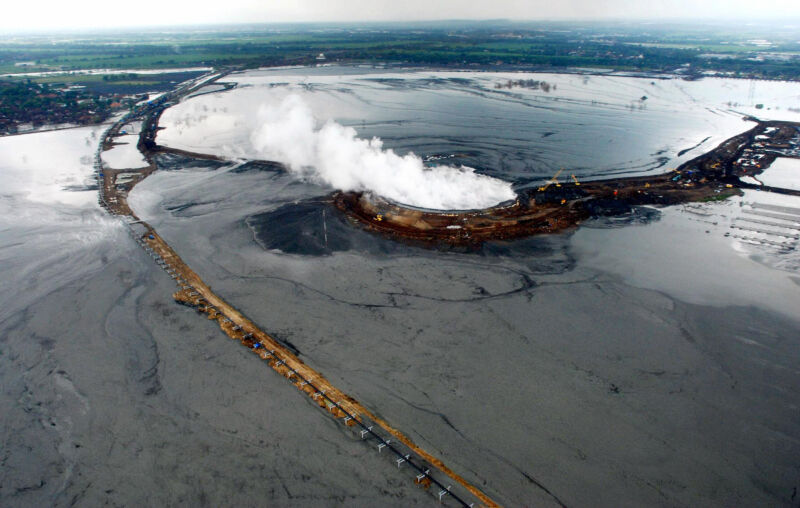 Overhead view of mud volcano in Indonesia