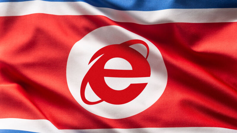 Logotipo de Internet Explorer incrustado en la bandera de Corea del Norte