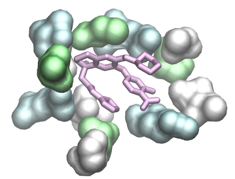 A computer model of a potential drug in the active site of a protein.