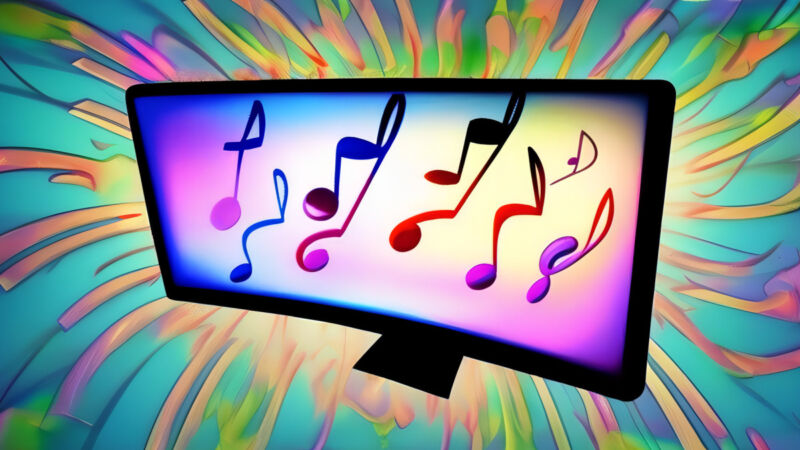 Una imagen generada por IA de notas musicales explotando desde un monitor de computadora.