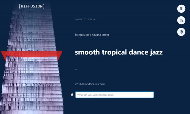 Una captura de pantalla del sitio web de Riffusion, que le permite escribir indicaciones y escuchar los sonogramas resultantes.