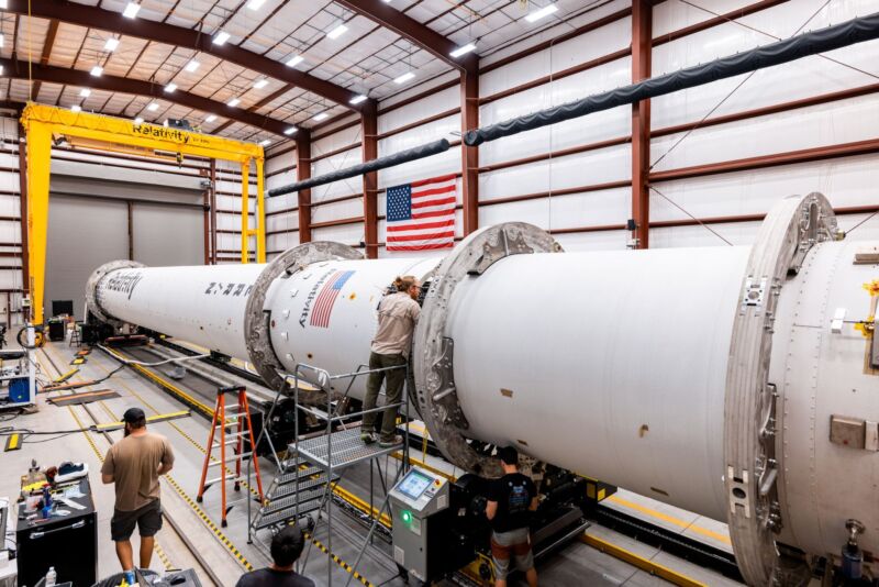 The Terran 1 rocket is shown in Relativity Space's hangar in Florida.