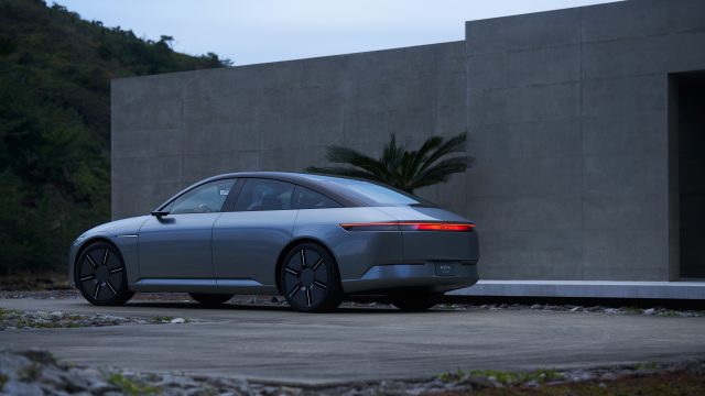 An Afeela prototype seen from the rear 3/4