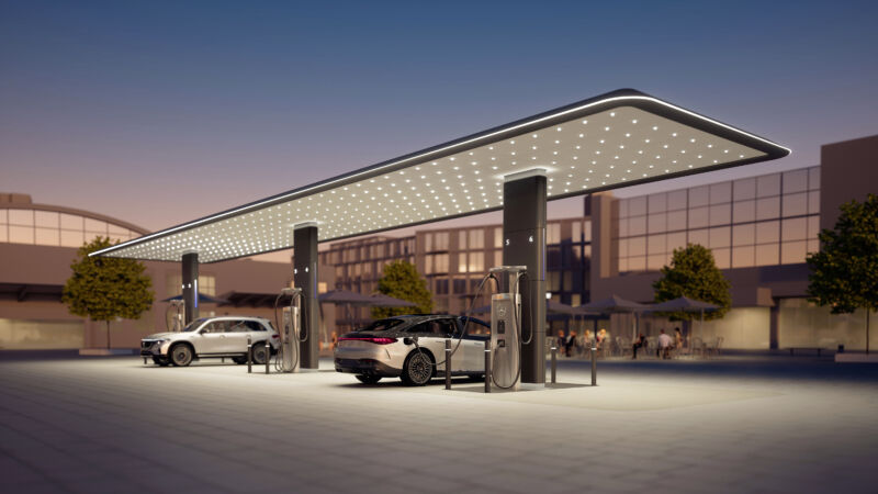 A rendering of a Mercedes charging hub with two Mercedes EVs charging