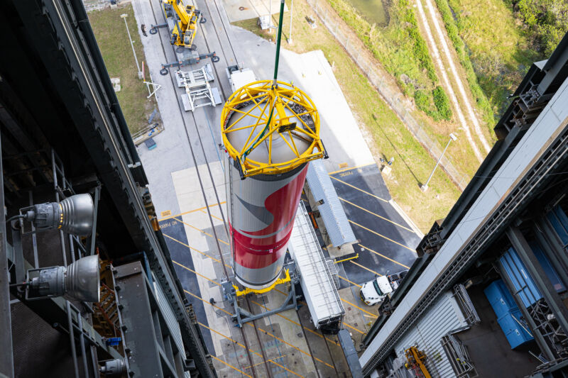 United Launch Alliance hoists its Vulcan Cert-1 booster into the Vertical Integration Facility at Cape Canaveral.