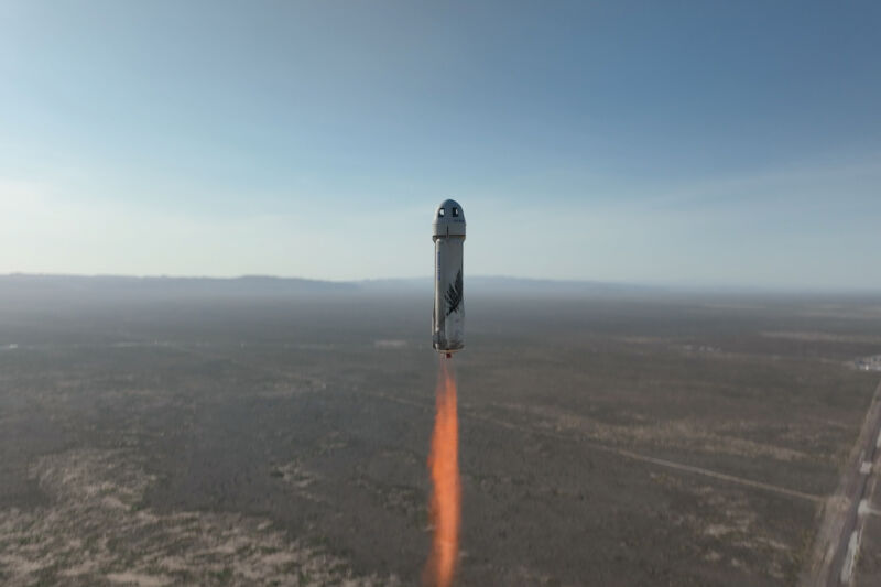 The New Shepard rocket and spacecraft are seen during the NS-22 mission in August 2022.