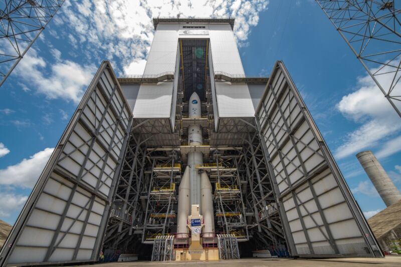A pioneer version of the Ariane 6 rocket is seen at the launch facility in Kourou, French Guiana.