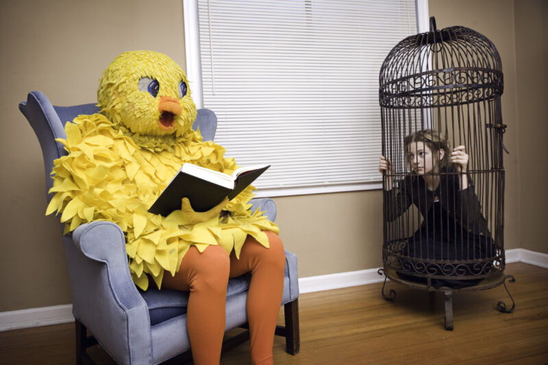 Nobody in a life-size bird costume reads a book on a chair while a distressed-looking human is locked in a human-sized birdcage.