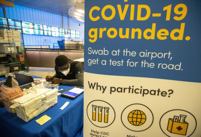 A CDC COVID-19 variant testing site inside Tom Bradley International Terminal at Los Angeles International Airport on Monday. The airport testing is part of the government's early warning system for detecting new variants, which began expanding recently in the wake of a COVID-19 surge in China.