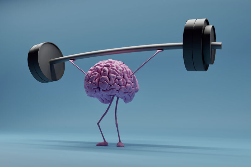 Image of an animated brain with legs and arms, lifting weights.