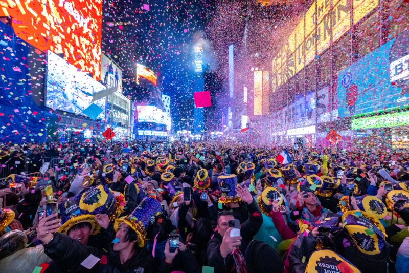 Revelers celebrate New Year’s Eve in Times Square on January 1, 2023, in New York City. This year's New Year's Eve returned to pre-COVID-19 pandemic numbers, with around 1 million people estimated to fill Times Square.