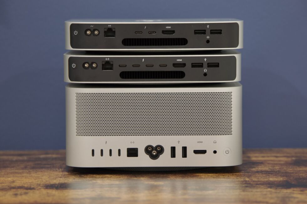 The new mini (middle) has the same ports on the back as the Mac Studio (bottom) and the 2018 Intel Mac mini (not pictured). Compared to the standard M1/M2 mini (top), that means two extra Thunderbolt ports.