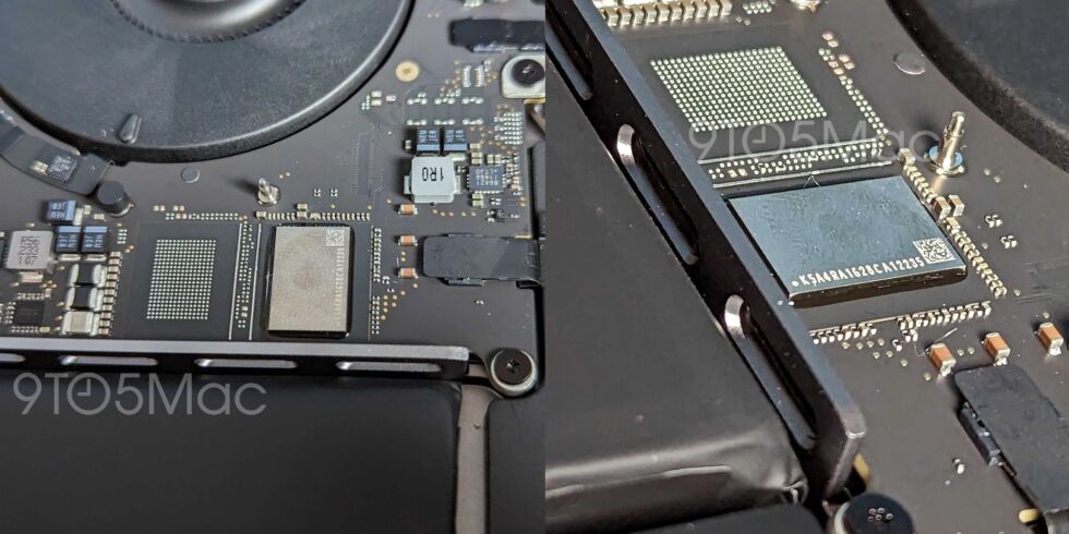 Foto de 9to5Mac de una placa lógica M2 MacBook Pro con una NAND donde la M1 MacBook Pro tiene dos.  El reverso de la placa probablemente albergará el otro chip NAND para el SSD.