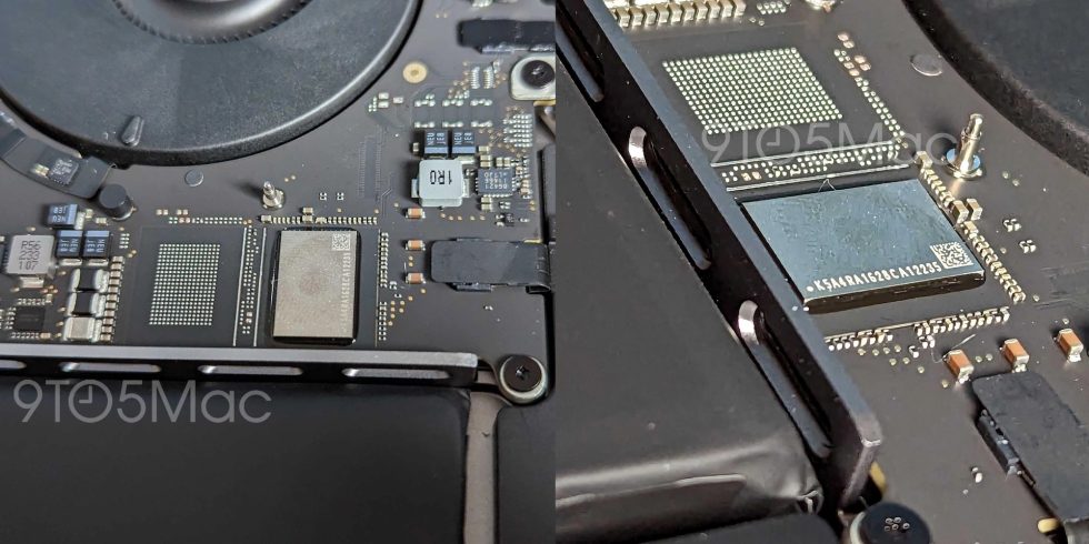 Photo de 9to5Mac d'une carte mère M2 MacBook Pro avec une seule puce NAND là où le M1 MacBook Pro en a deux.  Le verso de la carte abrite probablement l'autre puce NAND du SSD.