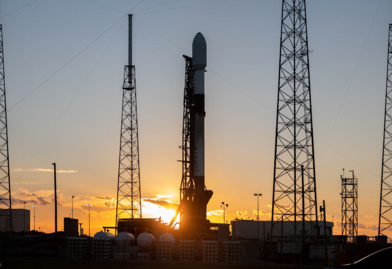 SpaceX's Falcon 9 rocket is seen on the launch pad on January 9, 2023, ahead of its second OneWeb launch.