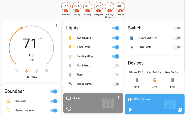 Część mojego panelu Home Assistant, wyświetlana z przeglądarki.