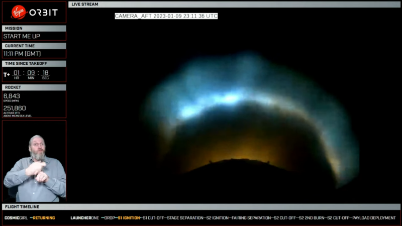 A screen capture from Virgin Orbit's webcast showing the rocket's main engine firing nominally.
