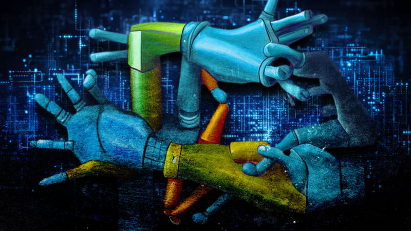 This image was partially AI-generated with the prompt "a pair of robot hands holding pencils drawing a pair of human hands, oil painting, colorful," inspired by the classic M.C. Escher drawing. Watching AI mangle drawing hands helps us feel superior to the machines... for now. —Aurich