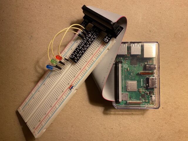 My Raspberry Pi, hooked up to some blinkenlights.