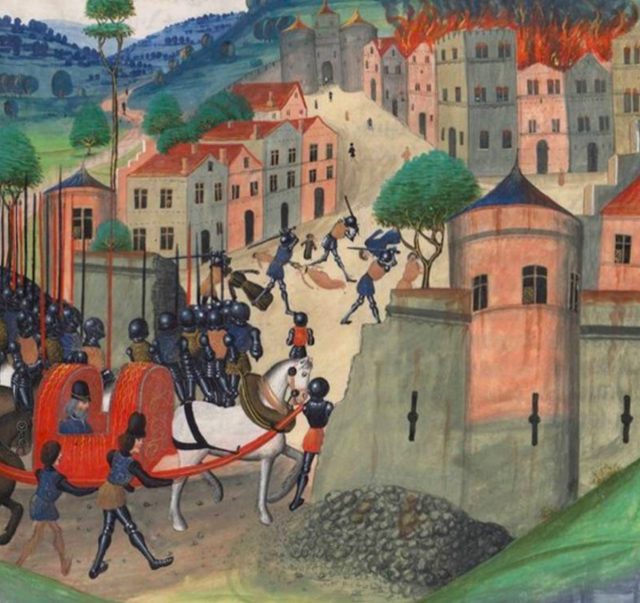 <em>La Capture de Limoges </em>, montrant le Prince Noir porté sur une portée. Jean de Warvin, <em>Chroniques d’Angleterre</em>, fin du 15e siècle 