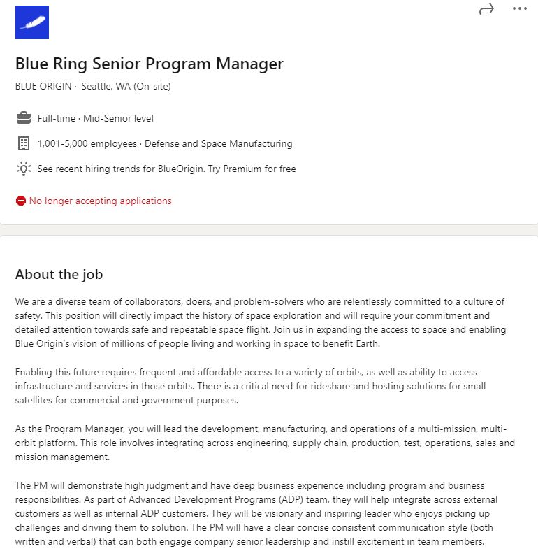 Screenshot of Blue Ring "Senior Program Manager" job posting.