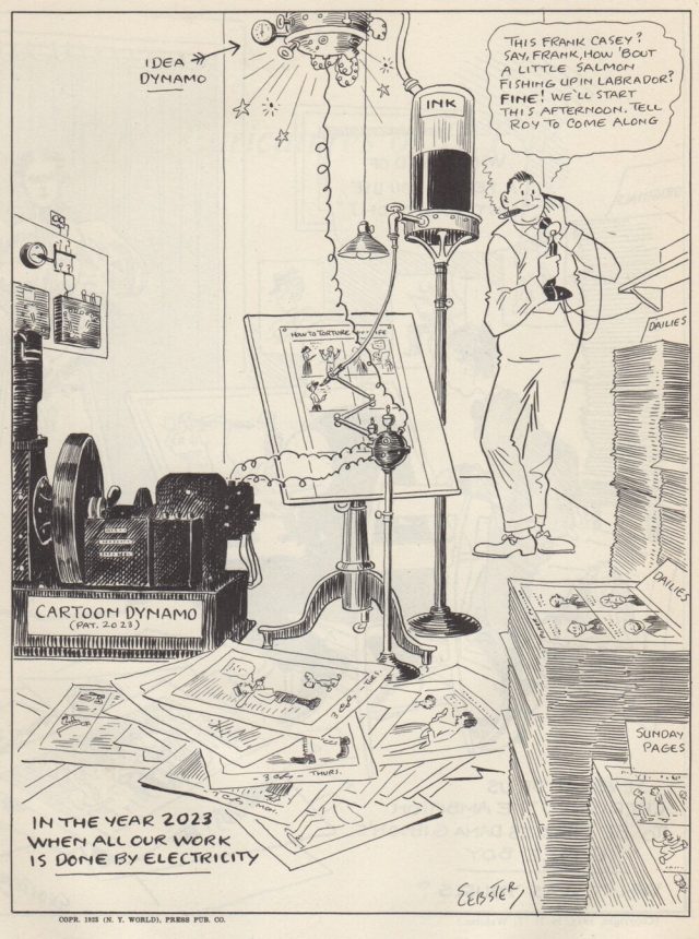 A 1923 cartoon by H.T. Webster captioned "In the year 2023 when all our work is done by electricity."