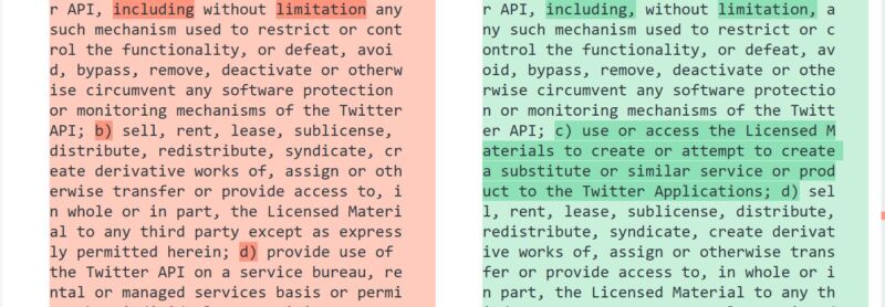 Diff check between former and current Twitter Developer Agreement