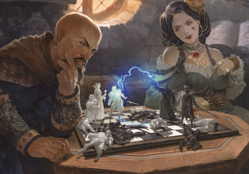 Artist's conception of the coming discussion between Wizards of the Coast and the <em>D&D</em> community over proposed OGL updates.”/><figcaption class=