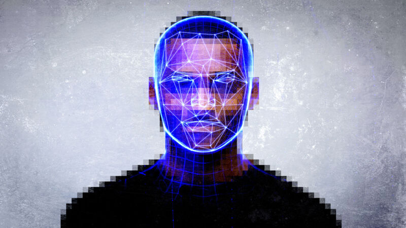 Photo illustration shows lines on a Black man's face to represent a facial recognition system.