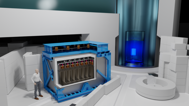 A computer-generated image of a person standing next to an array of equipment placed next to a shielded source of blue radiation.