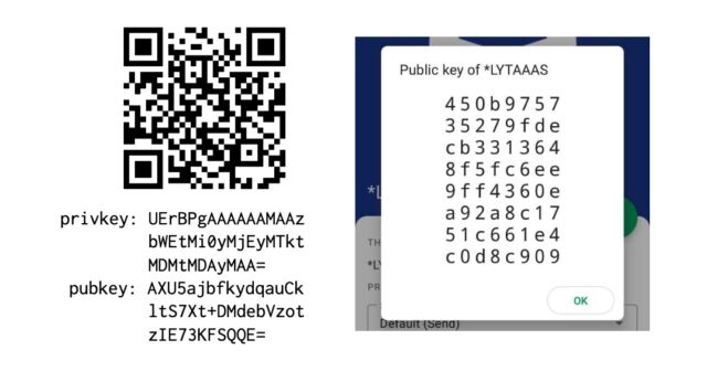 هجوم 1.2 عمليًا: على اليسار ، زوج مفاتيح مناسب مشفر باستخدام base64.  تتكون وحدات بايت المفتاح العام من 1 إلى 31 ، المشفرة أيضًا في رمز الاستجابة السريعة ، من أحرف UTF-8 قابلة للطباعة.  على اليمين ، حساب * LYTAAAS Threema gateway (تم إبطاله منذ ذلك الحين) ، باستخدام المفتاح العام الذي تم اختراقه للخادم.  يرسل المستخدم U محتويات QR إلى * LYTAAAS كرسالة سيسمح لـ * LYTAAAS بالمصادقة على Threema باسم U.