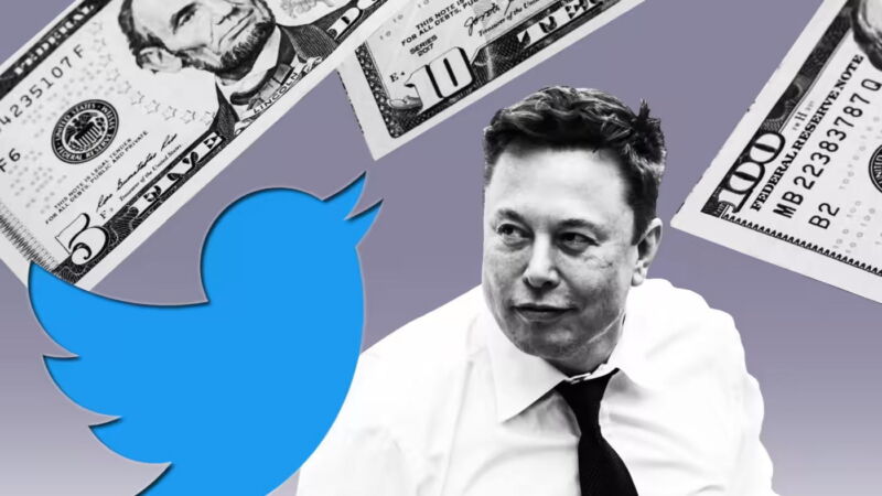 picture of elon musk, twitter logo, and money